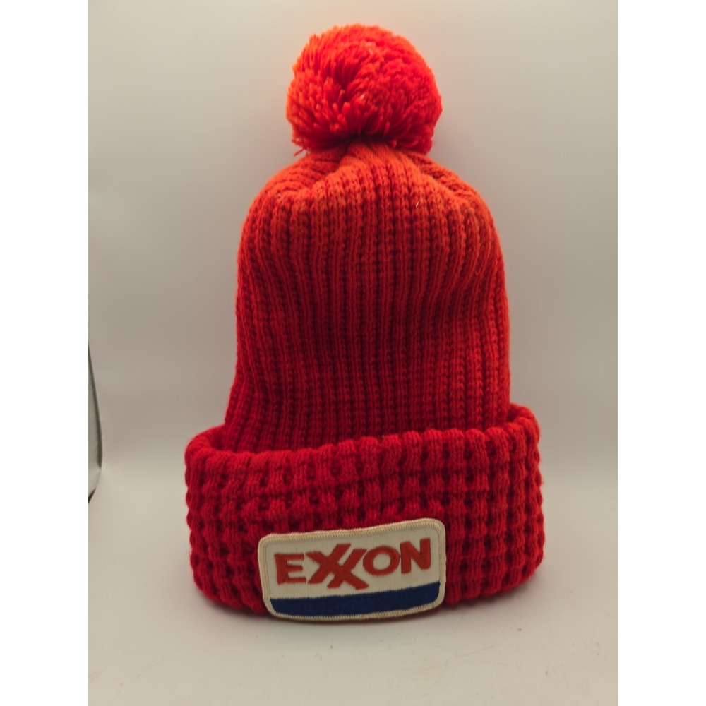 Vintage Exxon Pom Beanie Ski French Red Winter Hat
